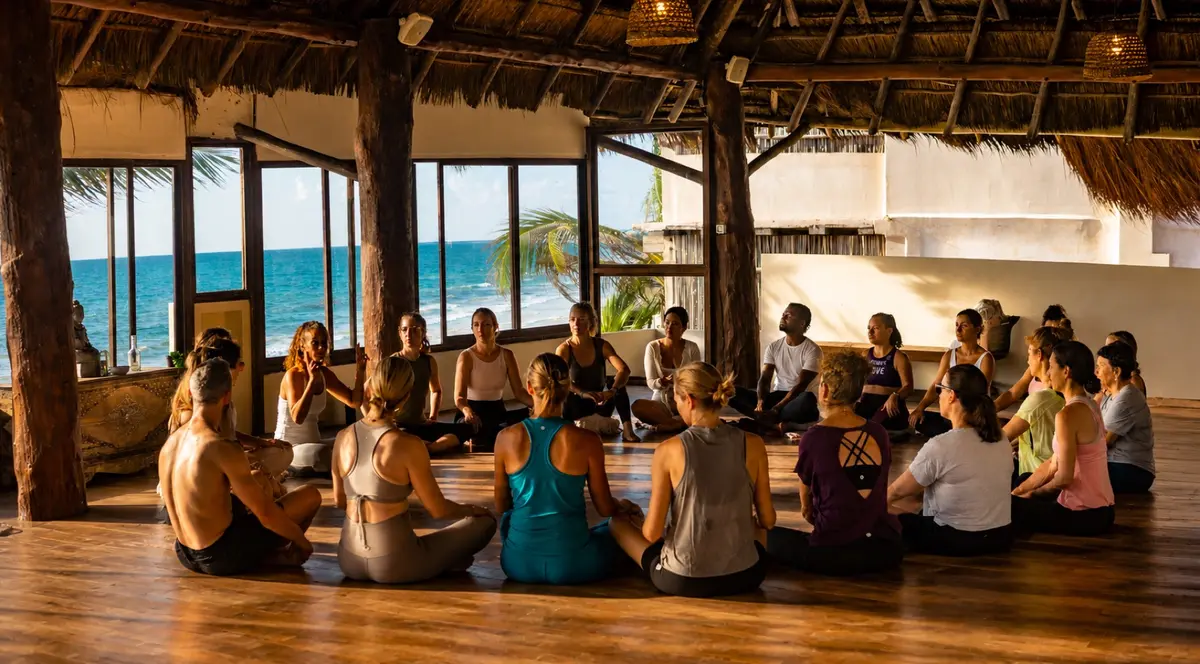 Retreat group gathered in a circle in the shala