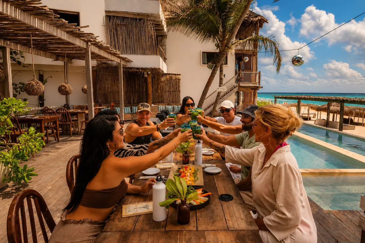 Retreat guests toasting beside the pool