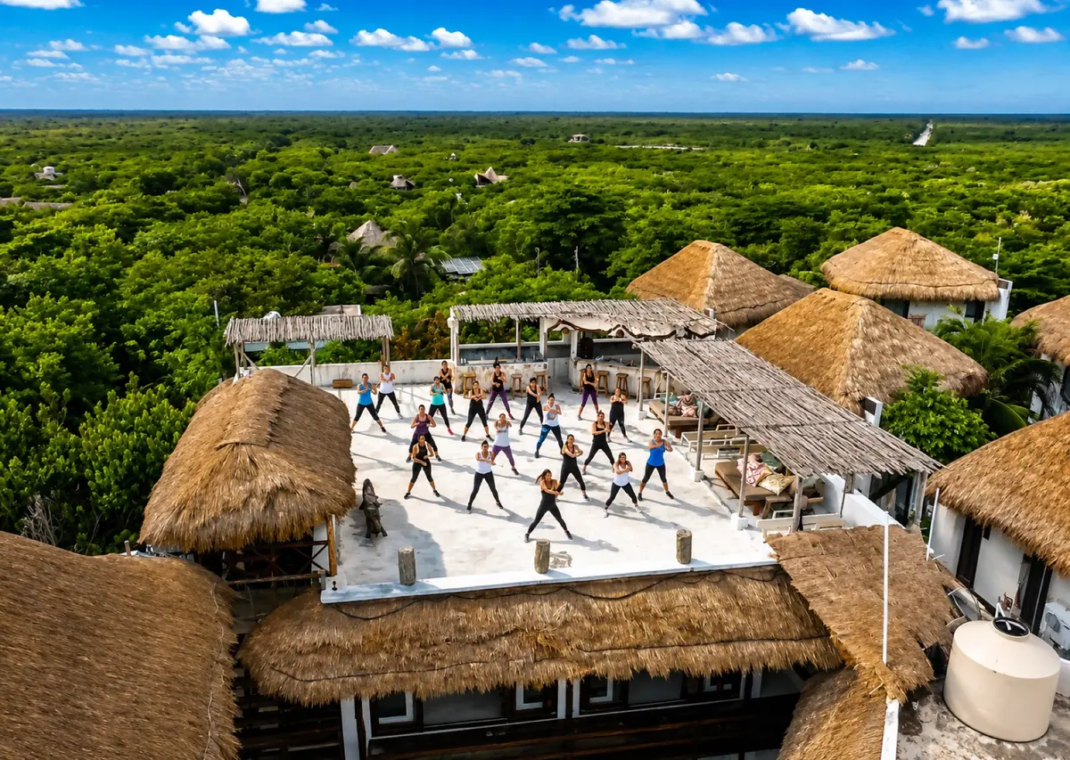 Aerial view of a rooftop fitness class surrounded by jungle
