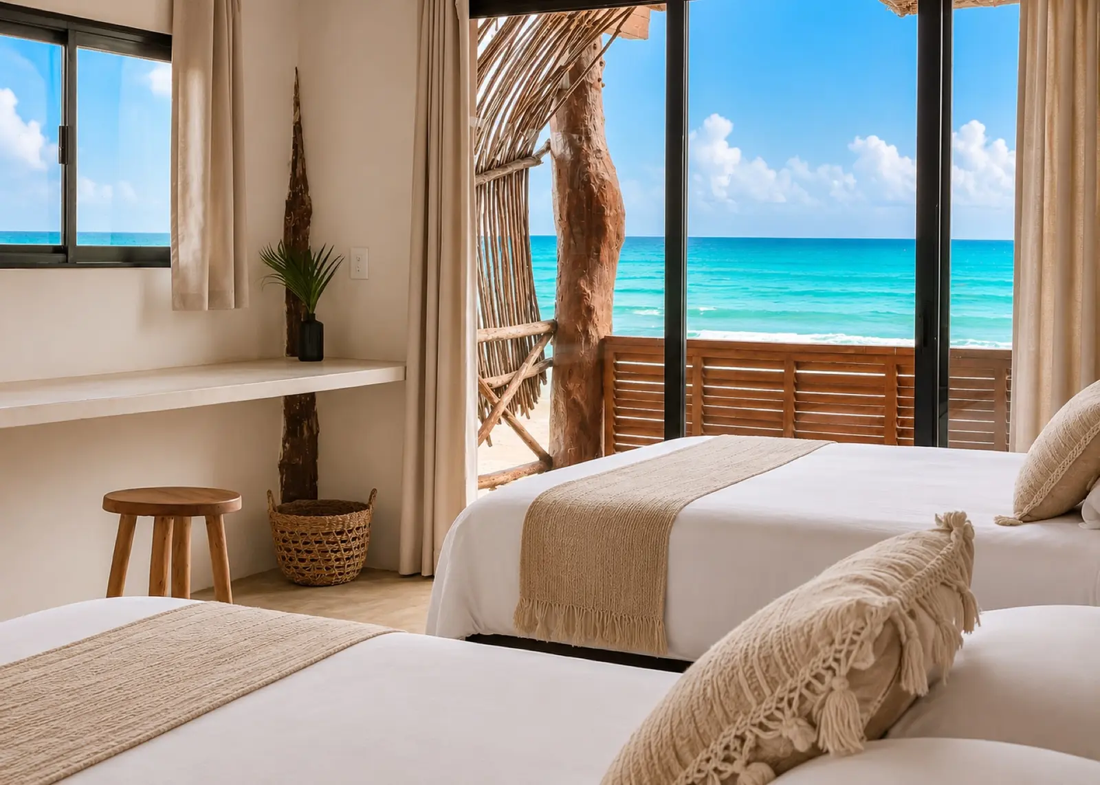 Double Beachview room with two beds and an ocean-facing terrace
