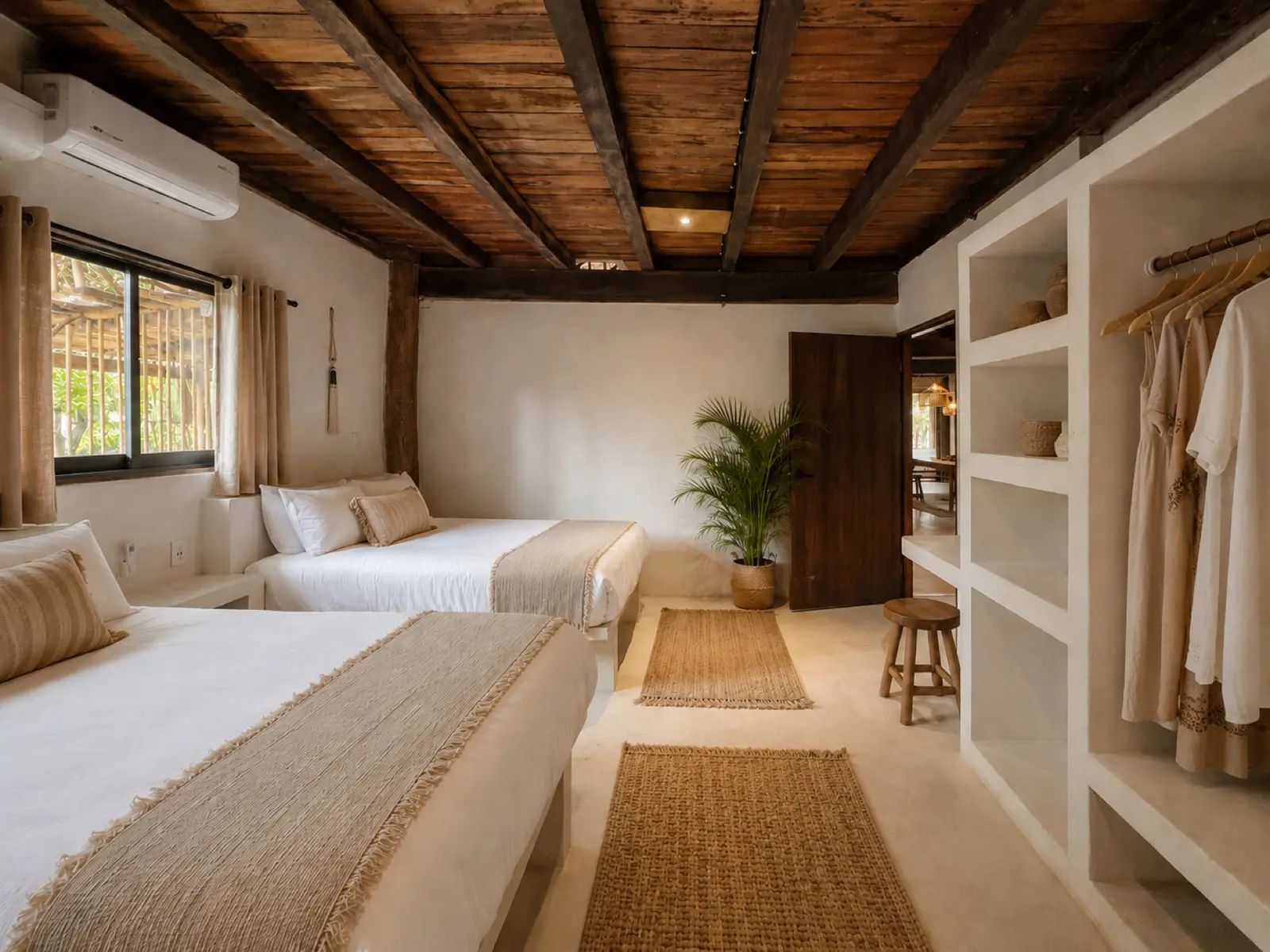 Garden Double room with two beds and open closet storage